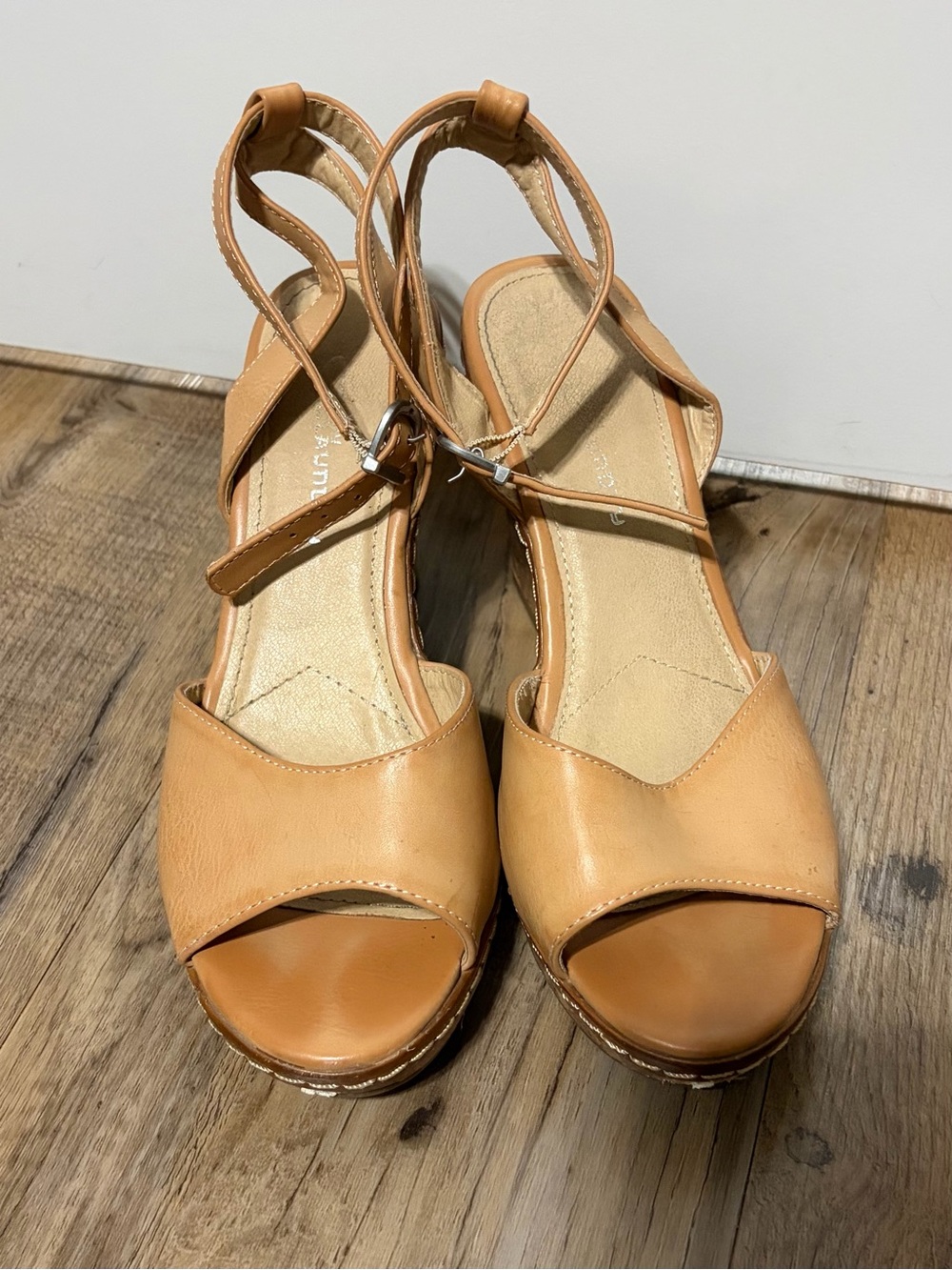 Chinese Laundry Tan Leather-Wedge Sandals with Ankle Strap